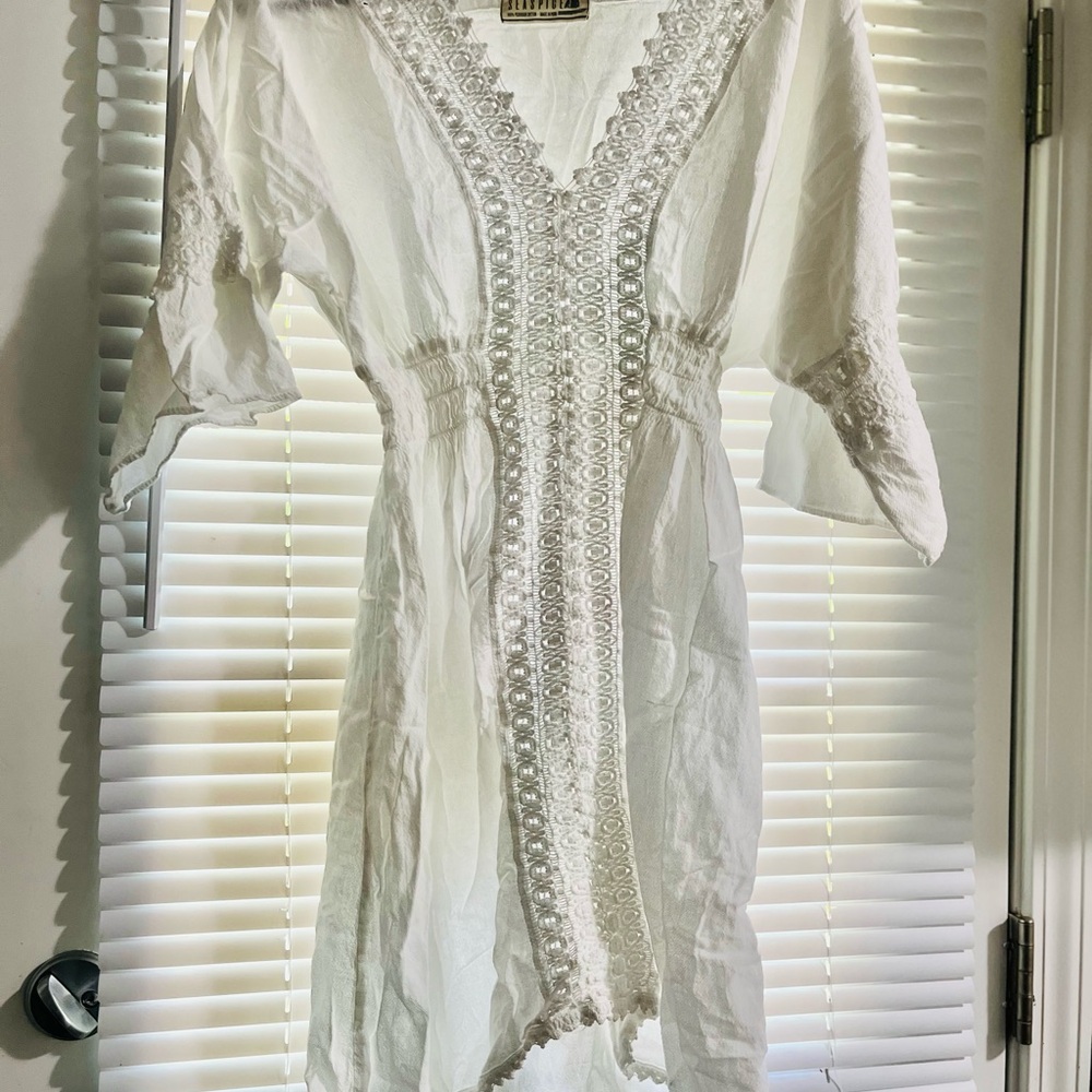 White Crochet Trim Tunic Dress